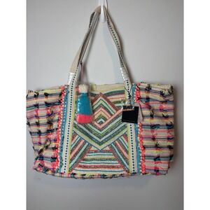 America & Beyond Beaded Fringe Tote Bag Multi-Color Boho Handbag New
